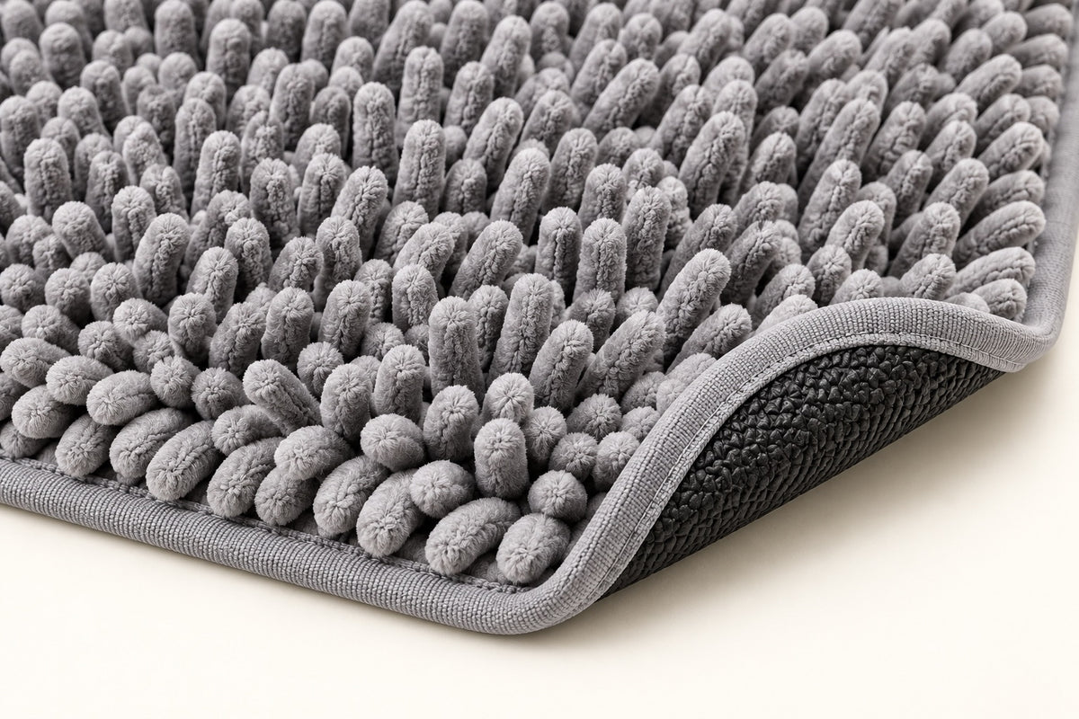 Gros plan des fibres chenille et de l'envers du tapis