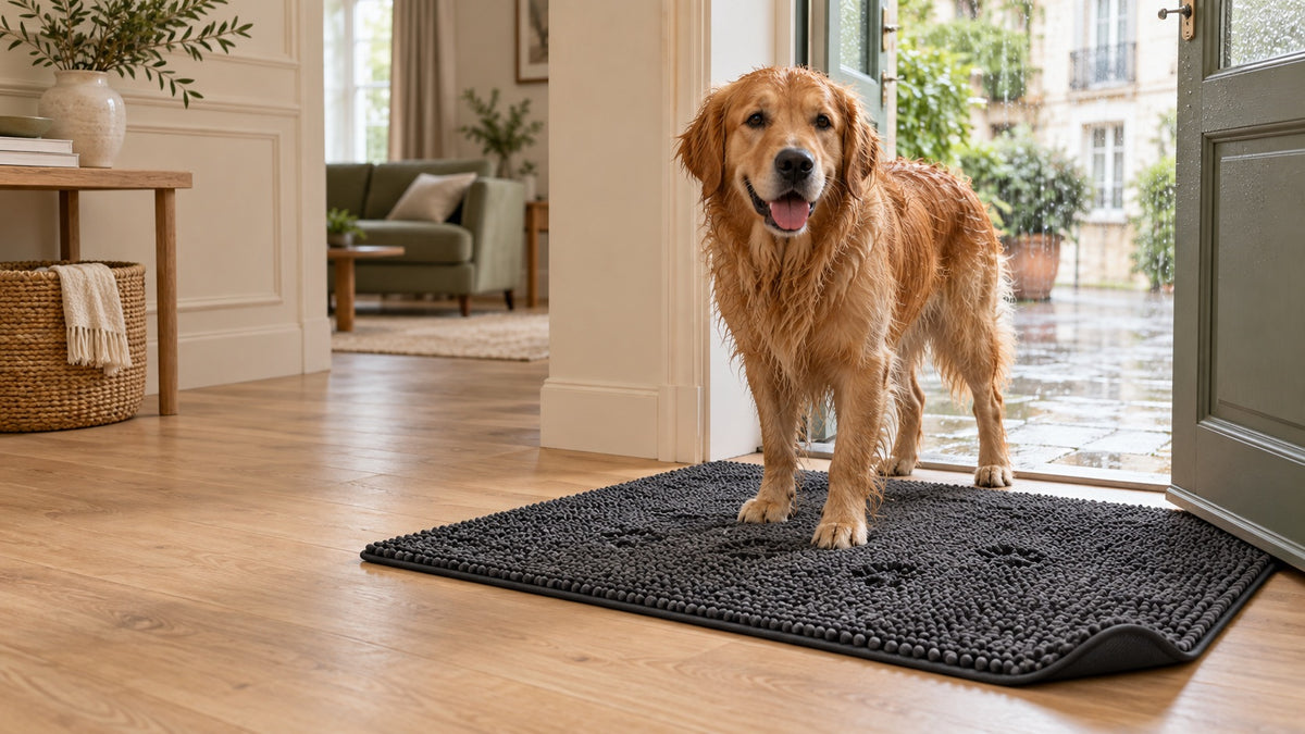 Chien sur un tapis chenille à l'entrée